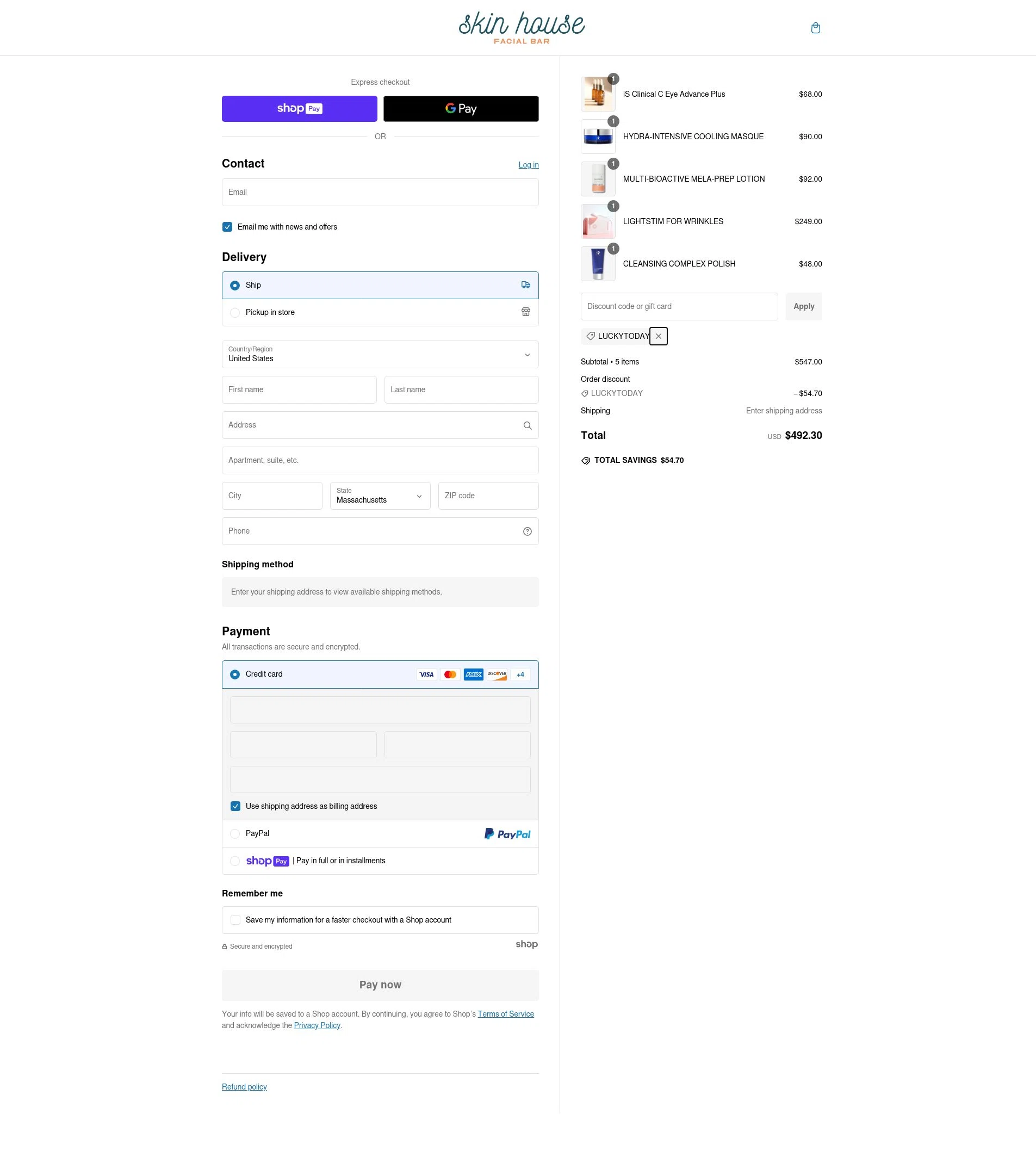 Skin House Facial Bar checkout page showing Skin House Facial Bar promo code box | Screenshot taken by SimplyCodes community member on Jan 4, 2025