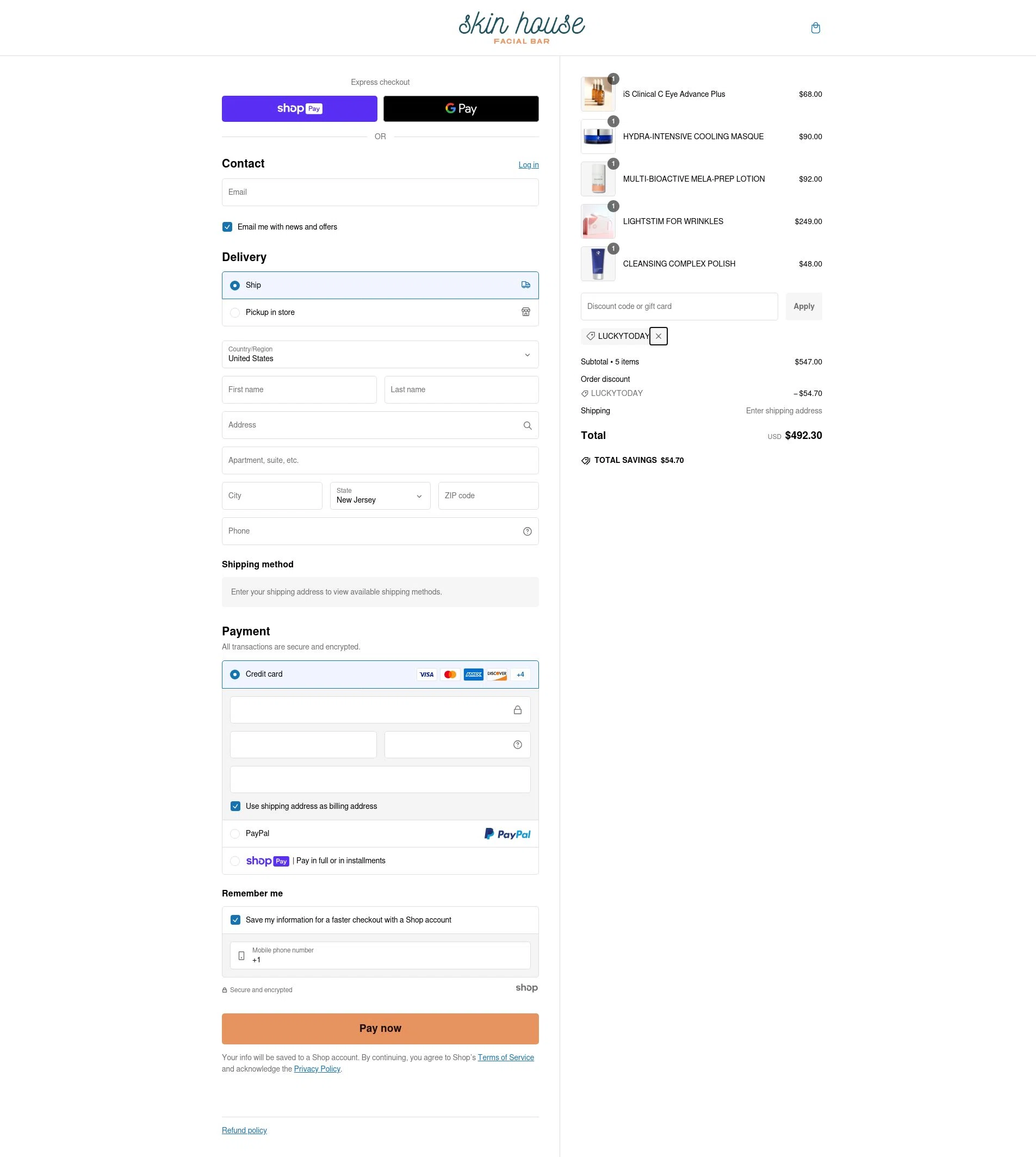 Skin House Facial Bar checkout page showing Skin House Facial Bar promo code box | Screenshot taken by SimplyCodes community member on Dec 25, 2024