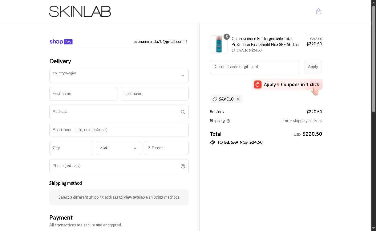 SKINLAB checkout page showing SKINLAB promo code box | Screenshot taken by SimplyCodes community member on Aug 27, 2025