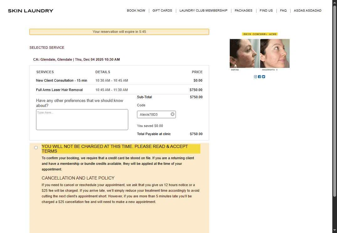 Skin Laundry checkout page showing Skin Laundry promo code box | Screenshot taken by SimplyCodes community member on Nov 26, 2025
