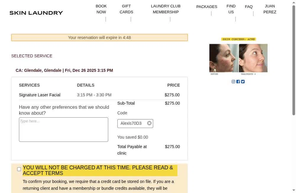 Skin Laundry checkout page showing Skin Laundry promo code box | Screenshot taken by SimplyCodes community member on Dec 25, 2025