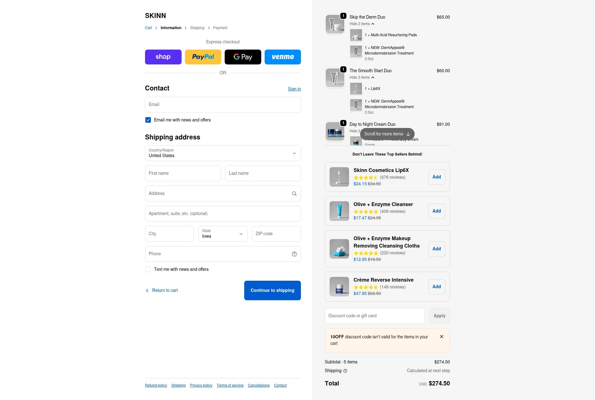 Skinn Cosmetics checkout page showing Skinn Cosmetics coupon code box | Screenshot taken by SimplyCodes community member on Feb 13, 2026