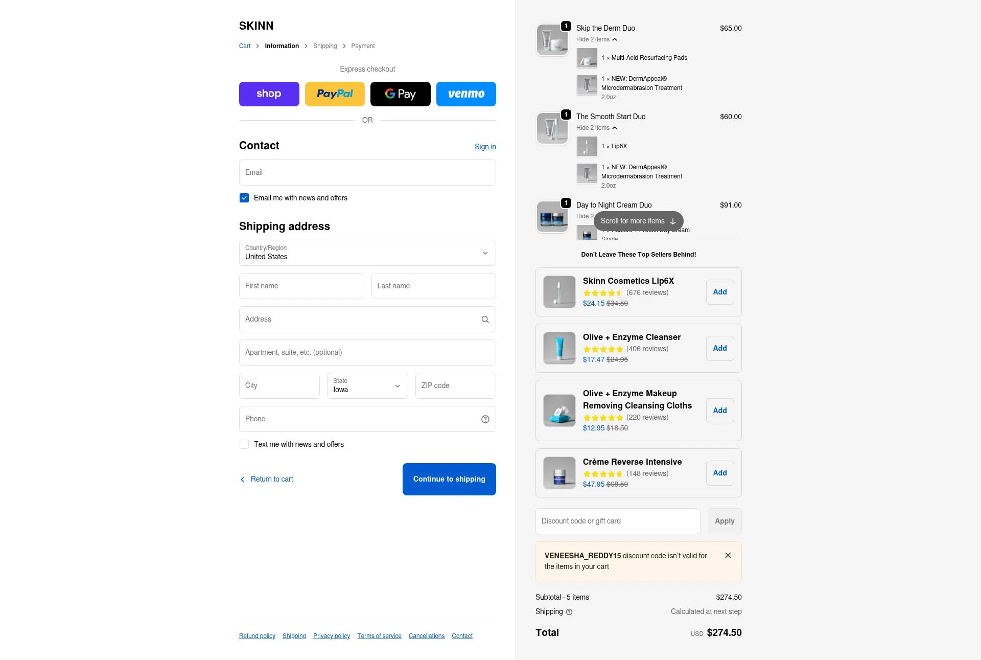 Skinn Cosmetics checkout page showing Skinn Cosmetics coupon code box | Screenshot taken by SimplyCodes community member on Feb 13, 2026