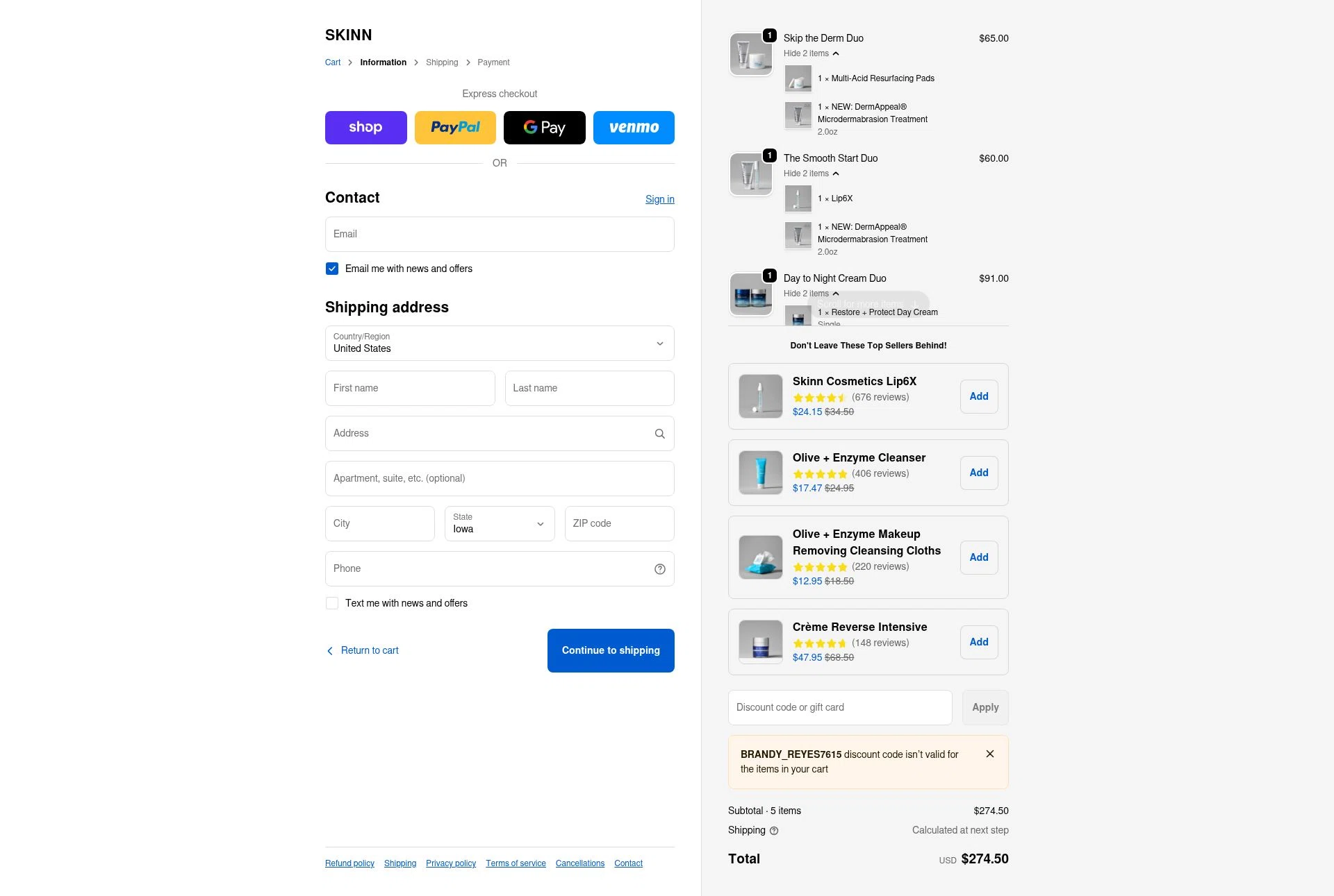 Skinn Cosmetics checkout page showing Skinn Cosmetics coupon code box | Screenshot taken by SimplyCodes community member on Feb 13, 2026