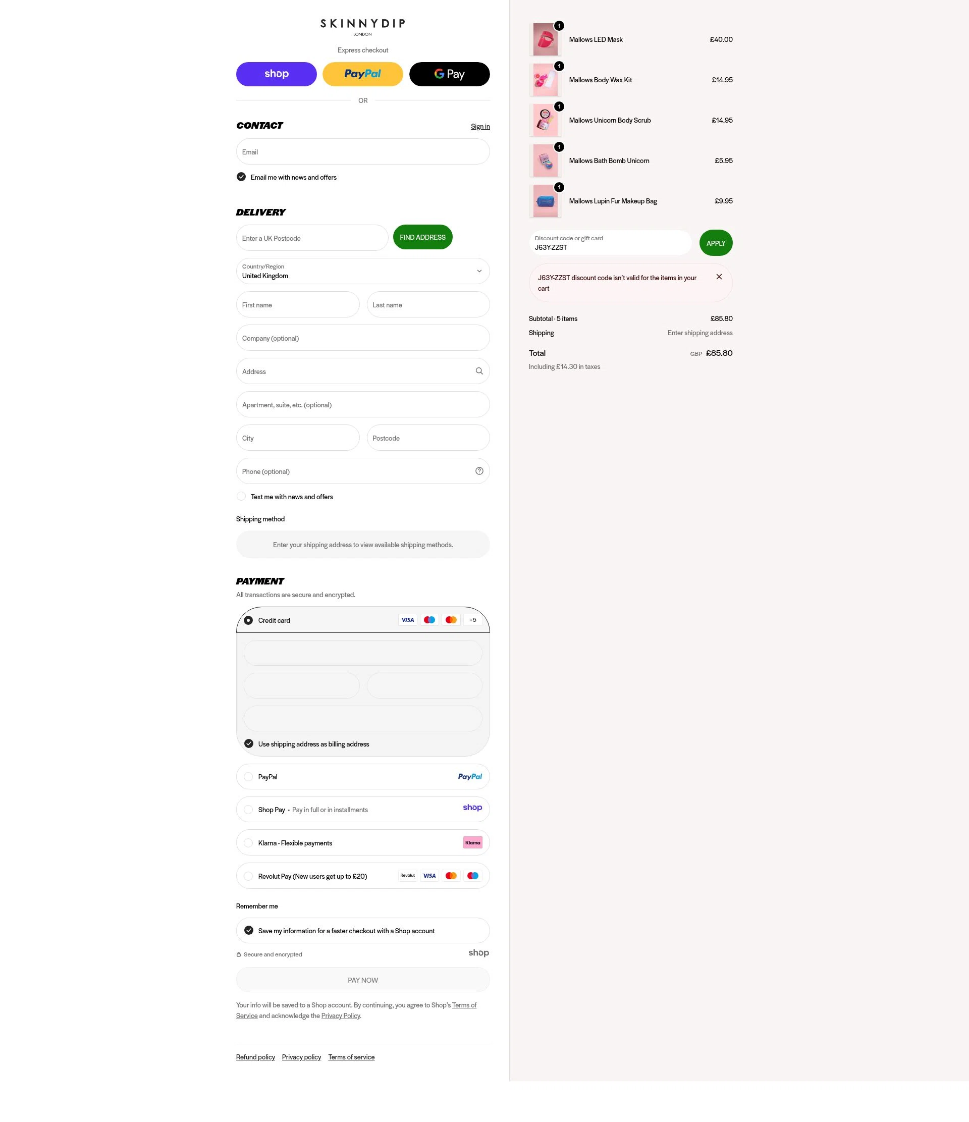 Skinnydip London checkout page showing Skinnydip London discount code box | Screenshot taken by SimplyCodes community member on Dec 10, 2025