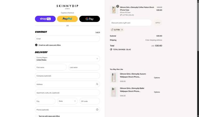 Skinnydip London checkout page showing Skinnydip London discount code box | Screenshot taken by SimplyCodes community member on Aug 27, 2025