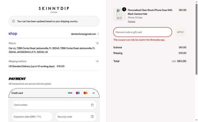 Skinnydip London checkout page showing Skinnydip London discount code box | Screenshot taken by SimplyCodes community member on Sep 22, 2025