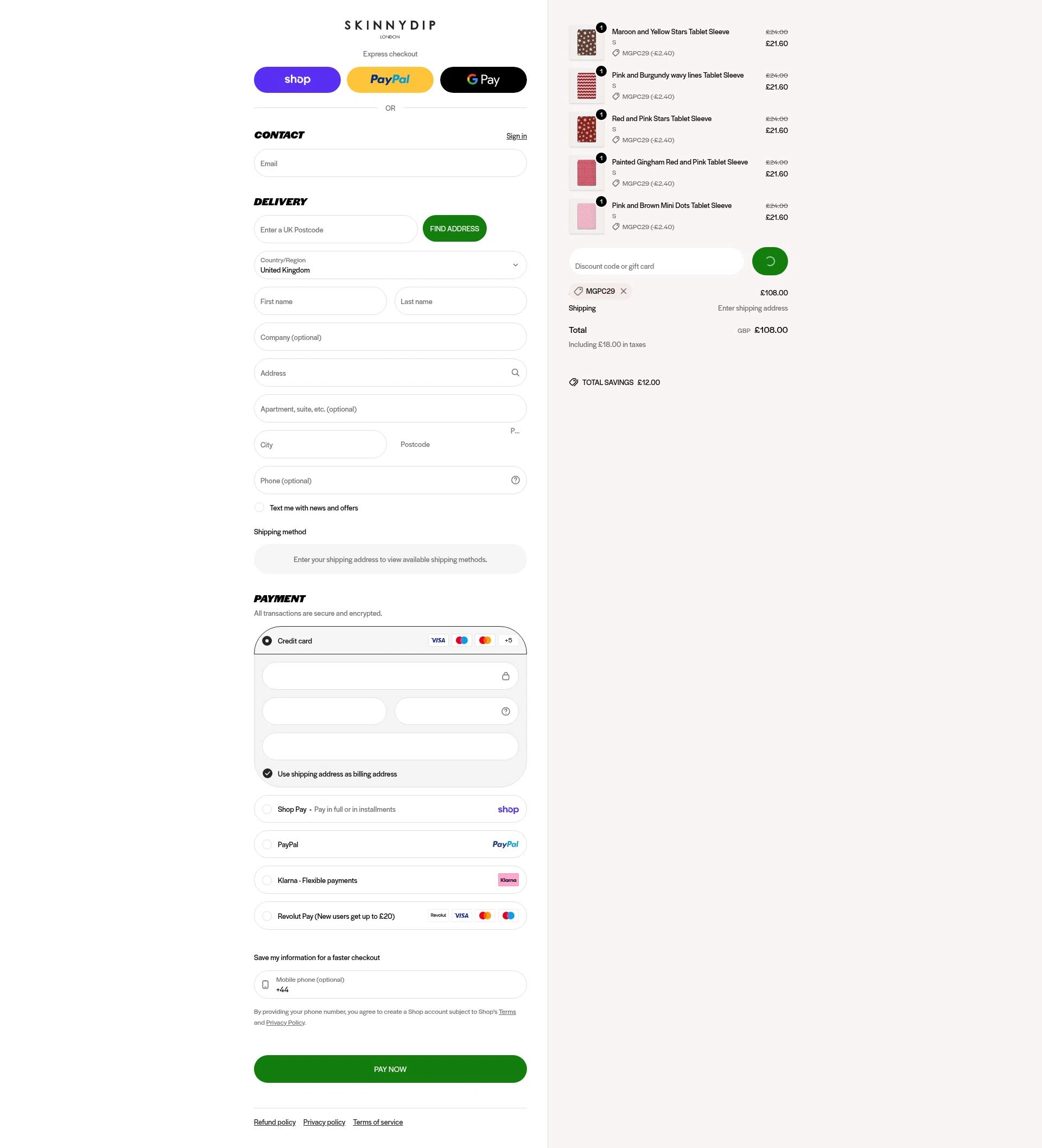 Skinnydip London checkout page showing Skinnydip London discount code box | Screenshot taken by SimplyCodes community member on Feb 13, 2026