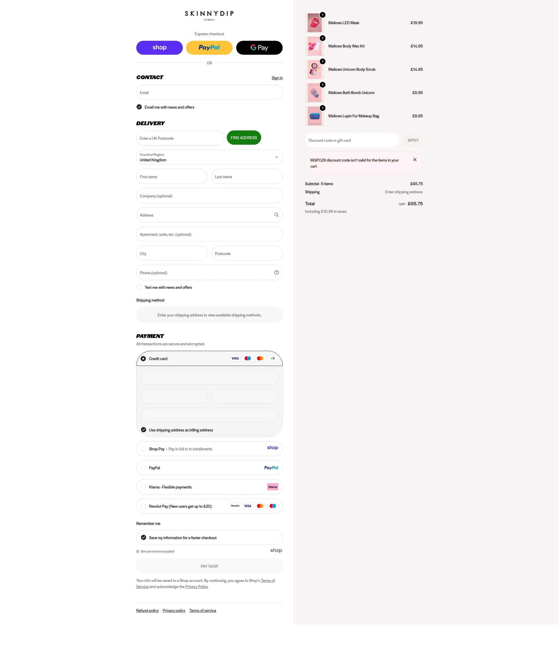 Skinnydip London checkout page showing Skinnydip London discount code box | Screenshot taken by SimplyCodes community member on Dec 23, 2025