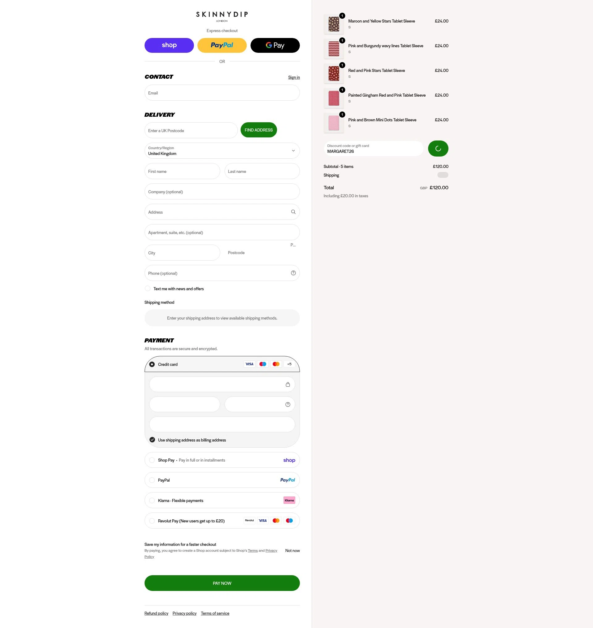 Skinnydip London checkout page showing Skinnydip London discount code box | Screenshot taken by SimplyCodes community member on Feb 17, 2026