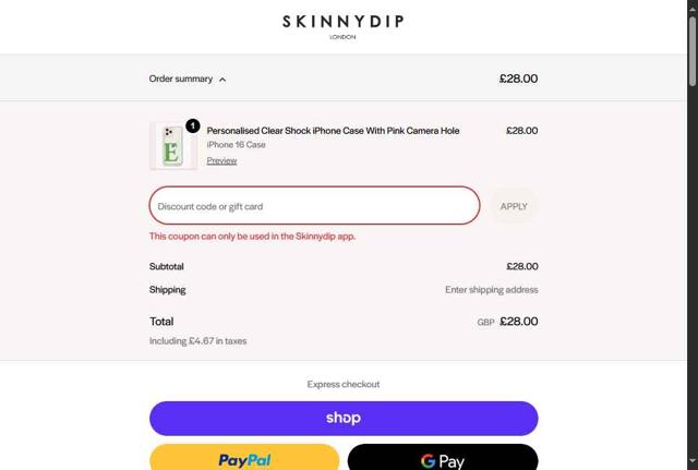 Skinnydip London checkout page showing Skinnydip London discount code box | Screenshot taken by SimplyCodes community member on Sep 22, 2025