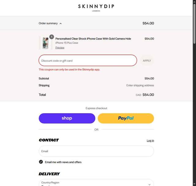 Skinnydip London checkout page showing Skinnydip London discount code box | Screenshot taken by SimplyCodes community member on Sep 5, 2025