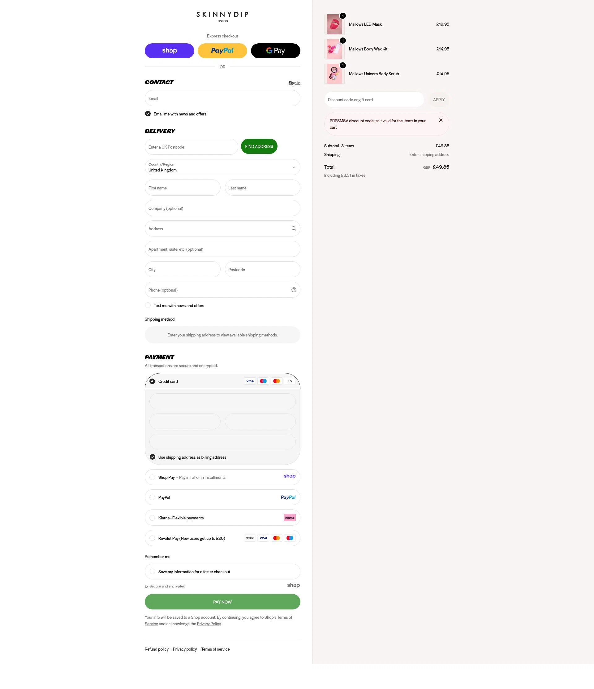 Skinnydip London checkout page showing Skinnydip London discount code box | Screenshot taken by SimplyCodes community member on Jan 6, 2026