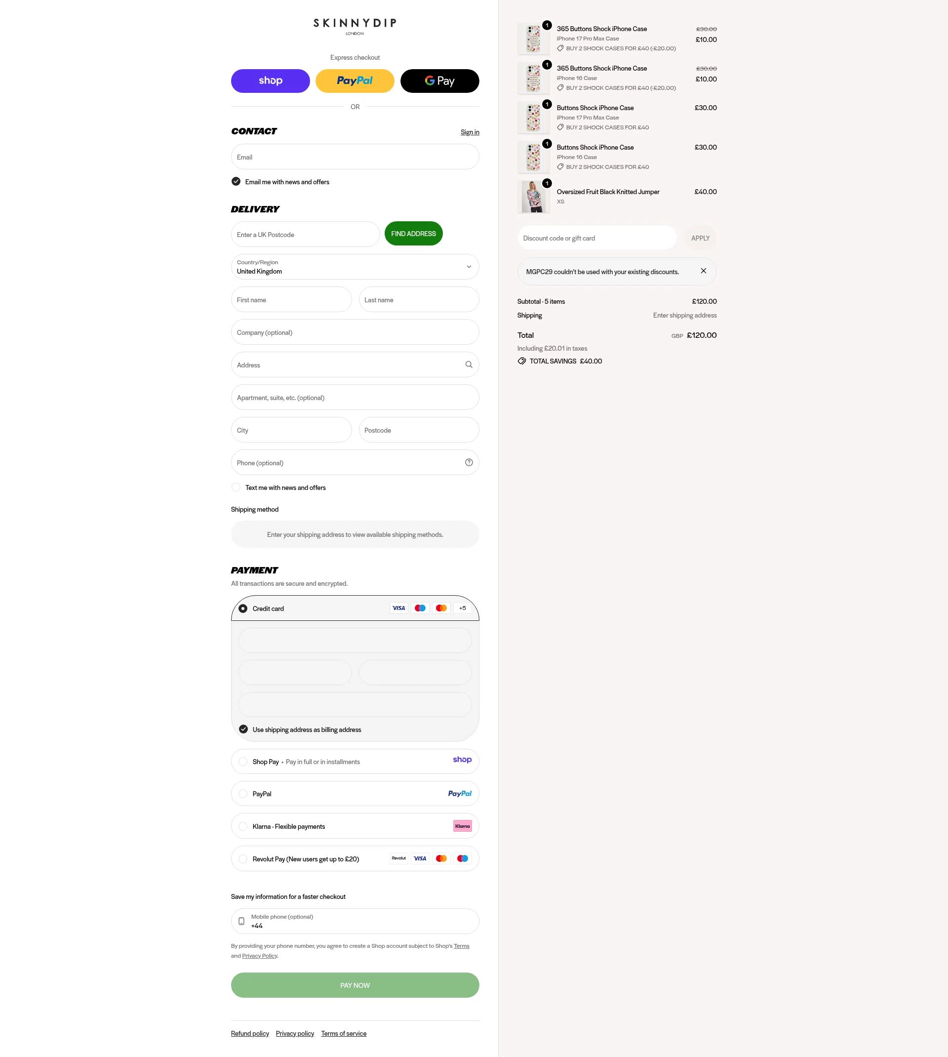 Skinnydip London checkout page showing Skinnydip London discount code box | Screenshot taken by SimplyCodes community member on Jan 12, 2026
