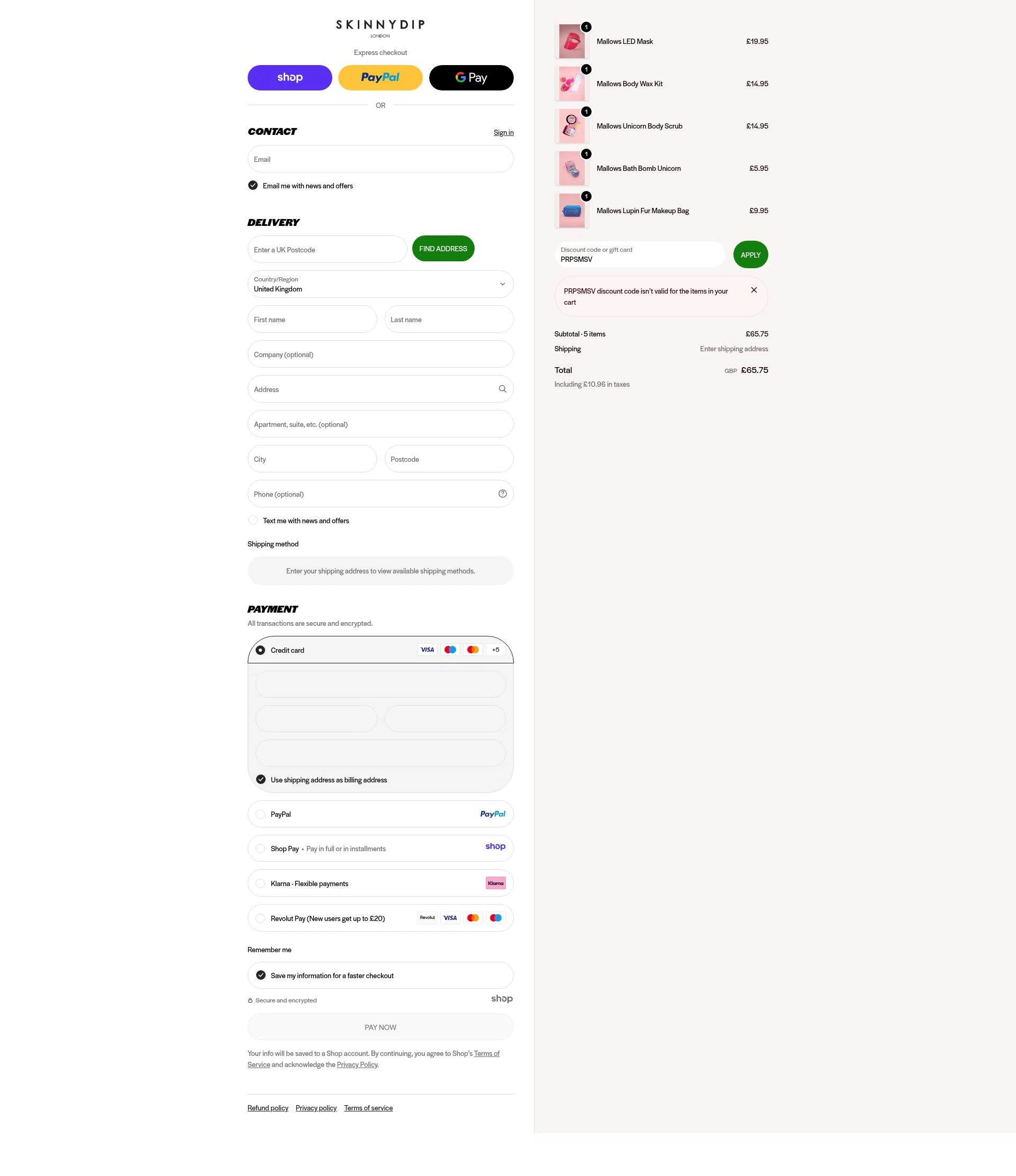Skinnydip London checkout page showing Skinnydip London discount code box | Screenshot taken by SimplyCodes community member on Dec 16, 2025