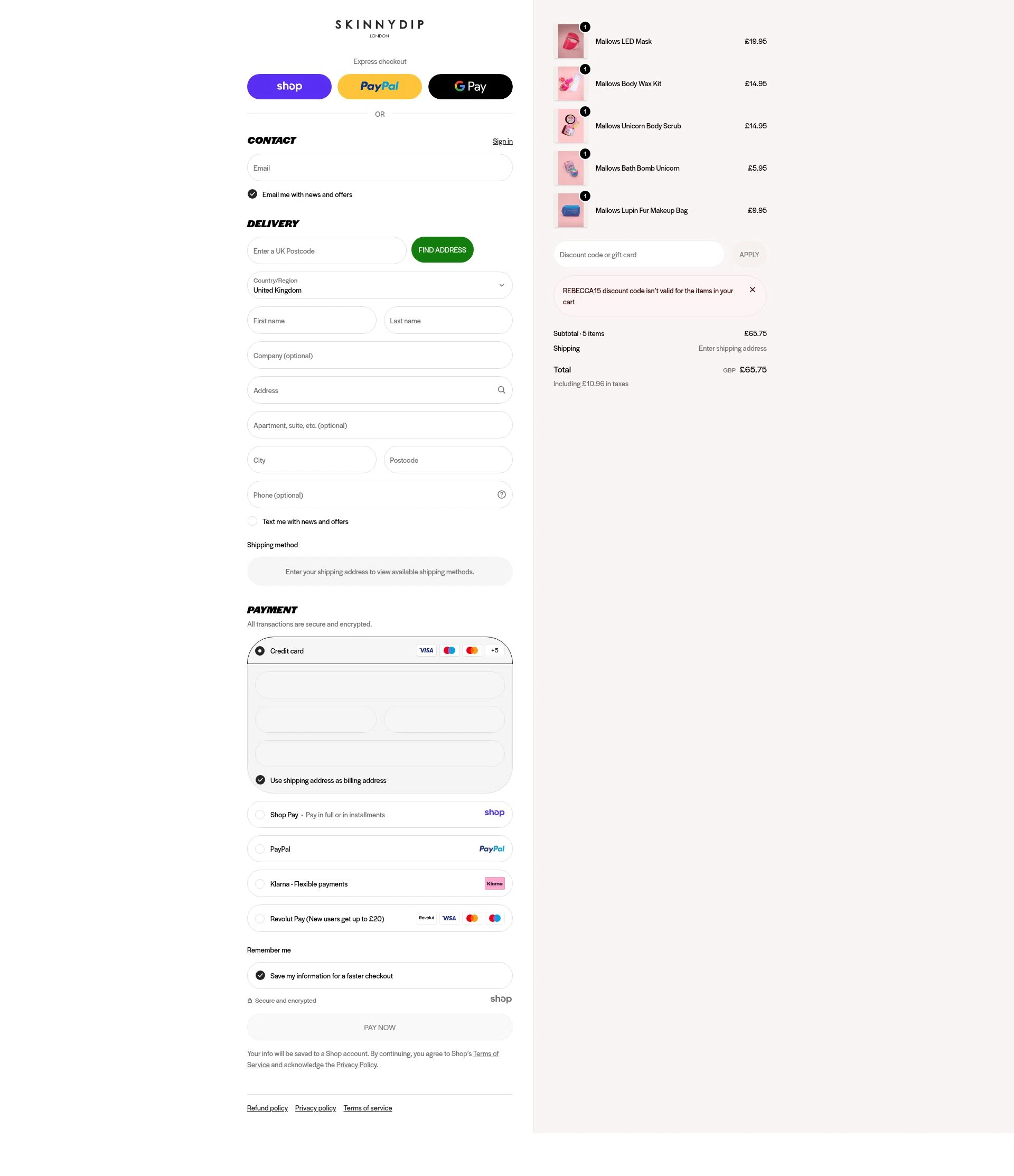 Skinnydip London checkout page showing Skinnydip London discount code box | Screenshot taken by SimplyCodes community member on Dec 23, 2025