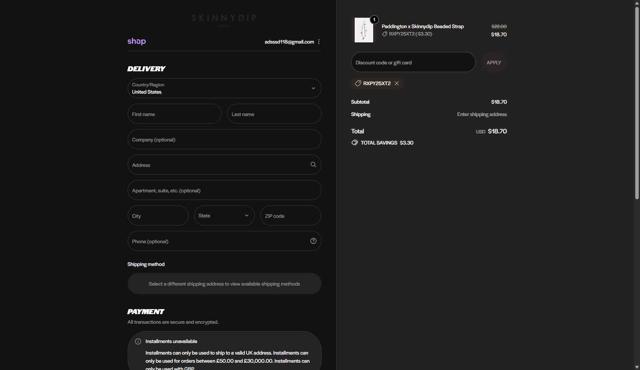 Skinnydip London checkout page showing Skinnydip London discount code box | Screenshot taken by SimplyCodes community member on Sep 29, 2025