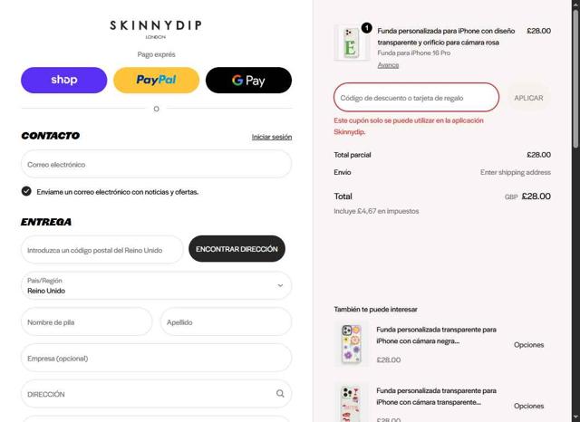 Skinnydip London checkout page showing Skinnydip London discount code box | Screenshot taken by SimplyCodes community member on Sep 29, 2025