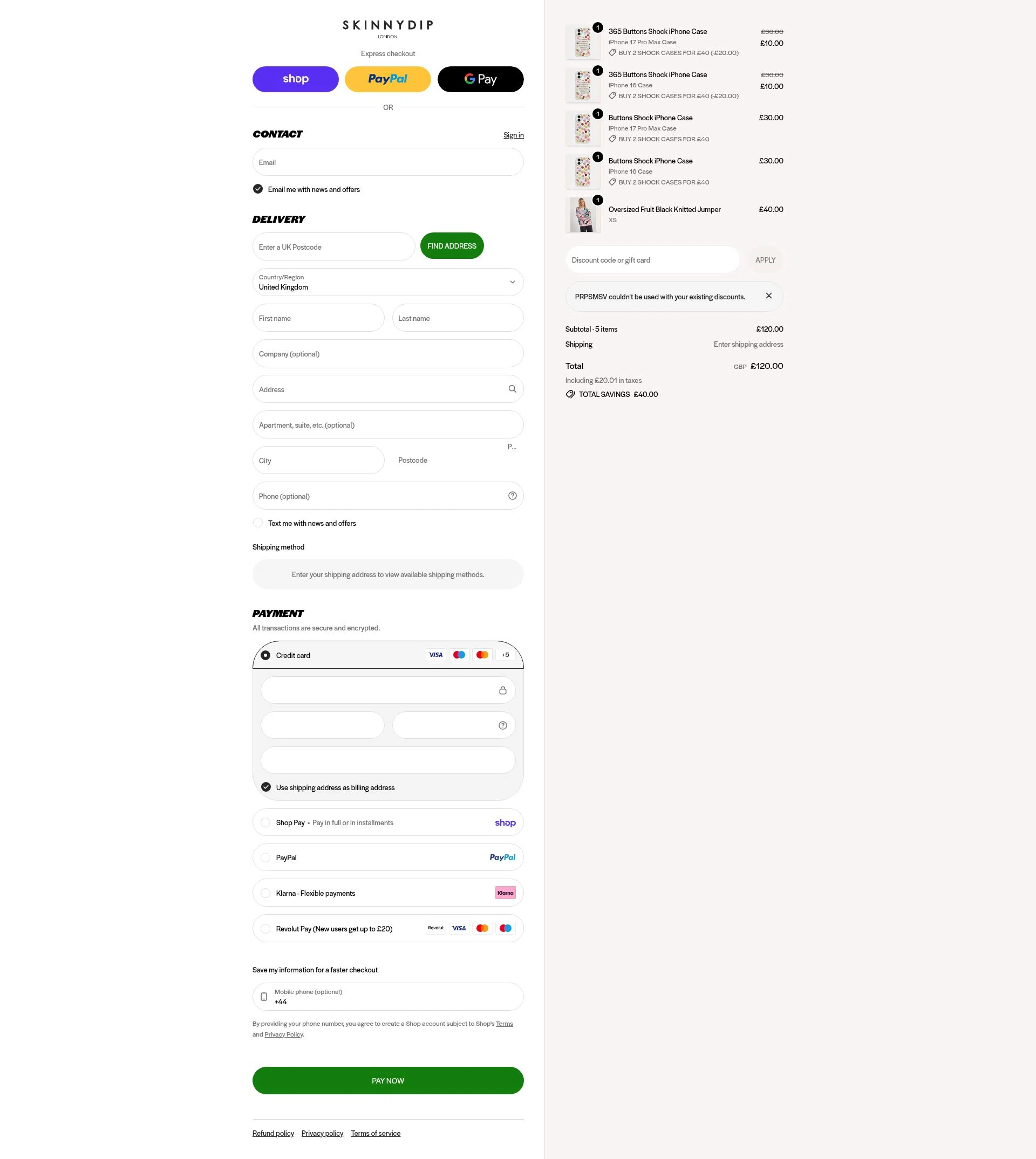 Skinnydip London checkout page showing Skinnydip London discount code box | Screenshot taken by SimplyCodes community member on Jan 31, 2026