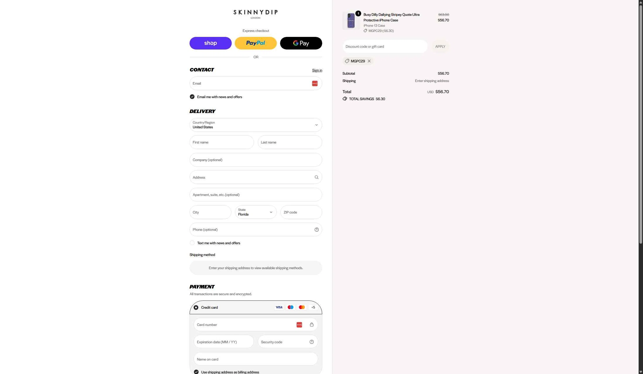 Skinnydip London checkout page showing Skinnydip London discount code box | Screenshot taken by SimplyCodes community member on Jan 2, 2026