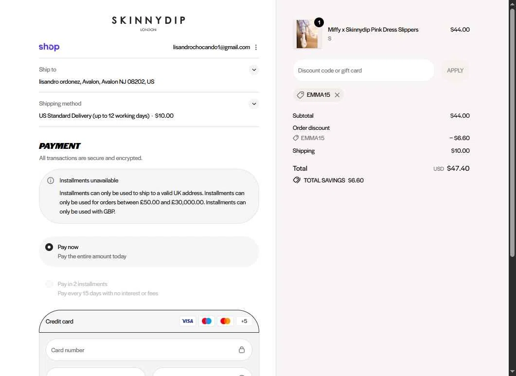 Skinnydip London checkout page showing Skinnydip London discount code box | Screenshot taken by SimplyCodes community member on Dec 26, 2025