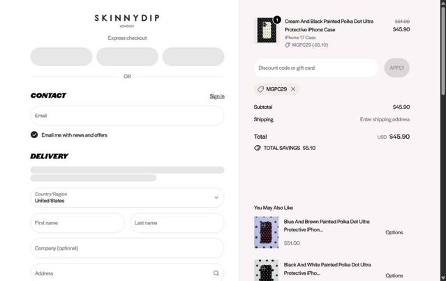 Skinnydip London checkout page showing Skinnydip London discount code box | Screenshot taken by SimplyCodes community member on Sep 25, 2025