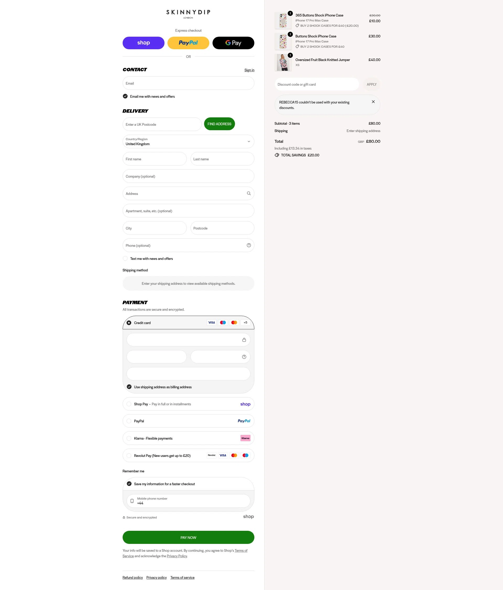 Skinnydip London checkout page showing Skinnydip London discount code box | Screenshot taken by SimplyCodes community member on Jan 26, 2026