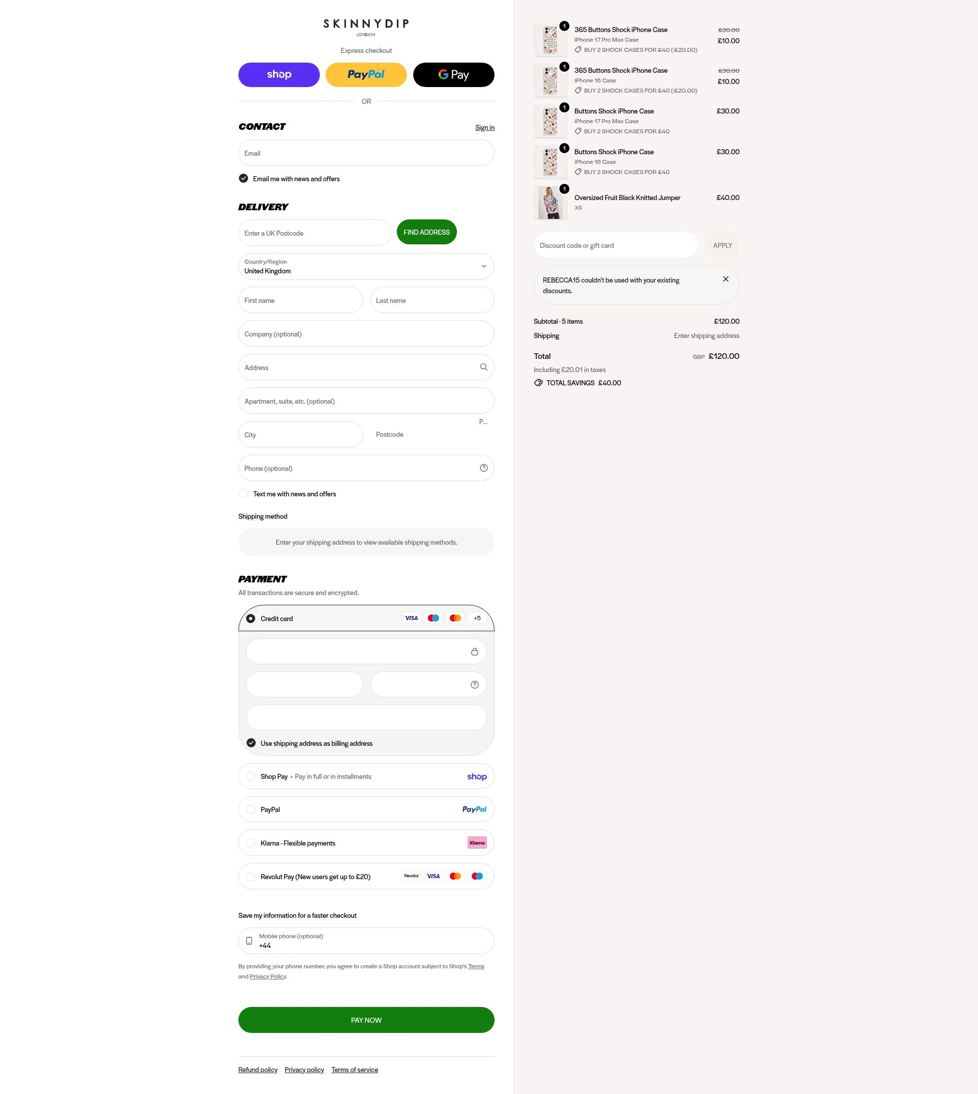Skinnydip London checkout page showing Skinnydip London discount code box | Screenshot taken by SimplyCodes community member on Jan 31, 2026