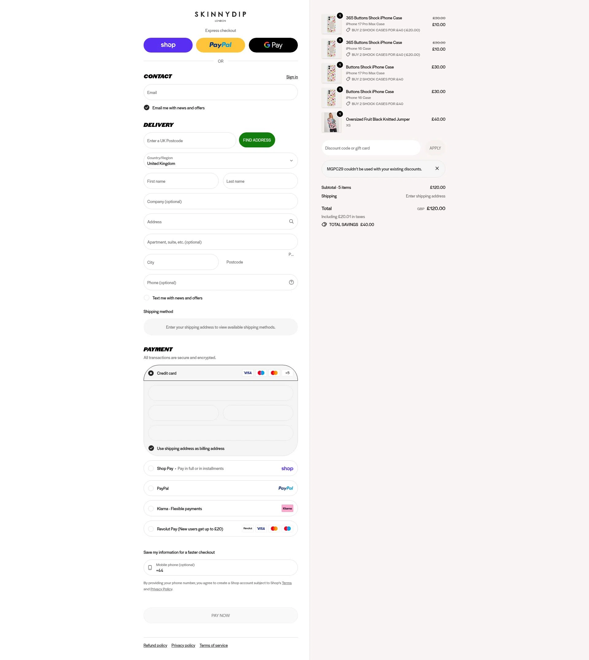 Skinnydip London checkout page showing Skinnydip London discount code box | Screenshot taken by SimplyCodes community member on Jan 31, 2026
