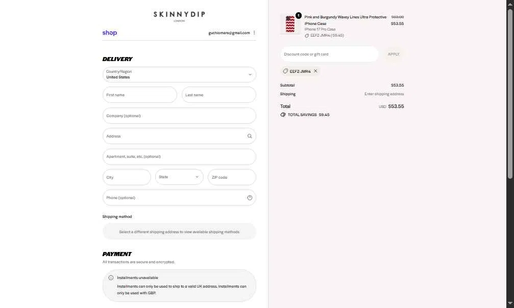 Skinnydip London checkout page showing Skinnydip London discount code box | Screenshot taken by SimplyCodes community member on Dec 12, 2025