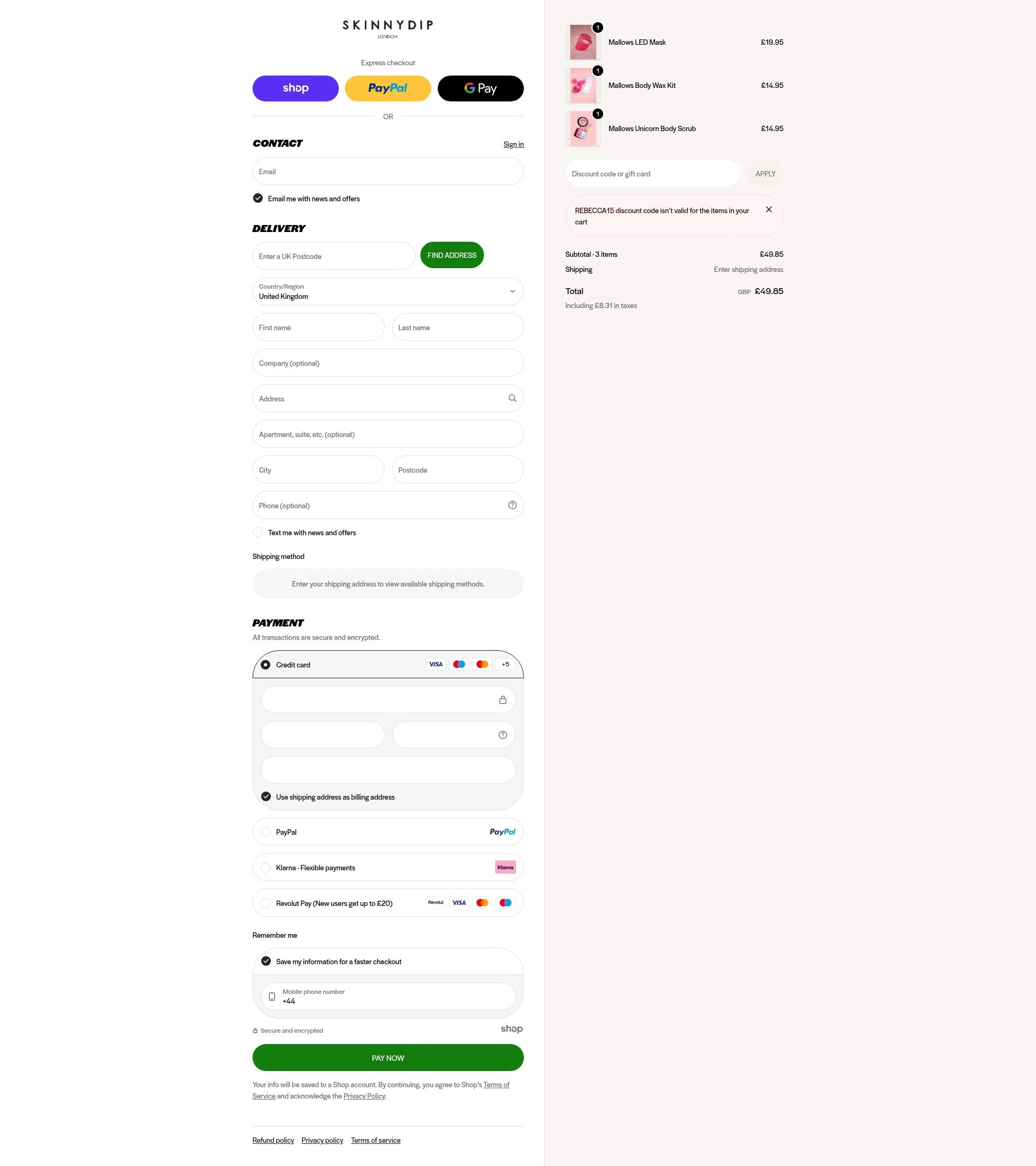 Skinnydip London checkout page showing Skinnydip London discount code box | Screenshot taken by SimplyCodes community member on Jan 7, 2026