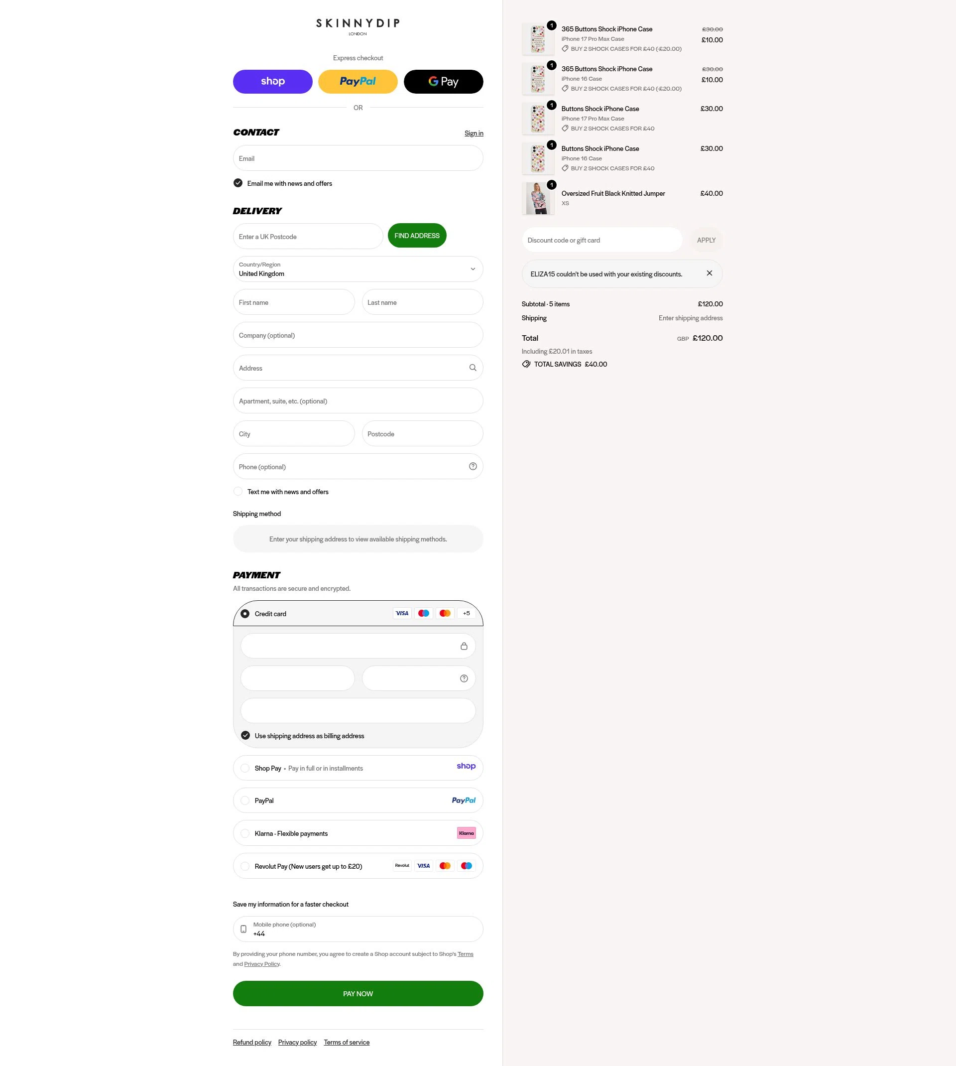 Skinnydip London checkout page showing Skinnydip London discount code box | Screenshot taken by SimplyCodes community member on Jan 12, 2026