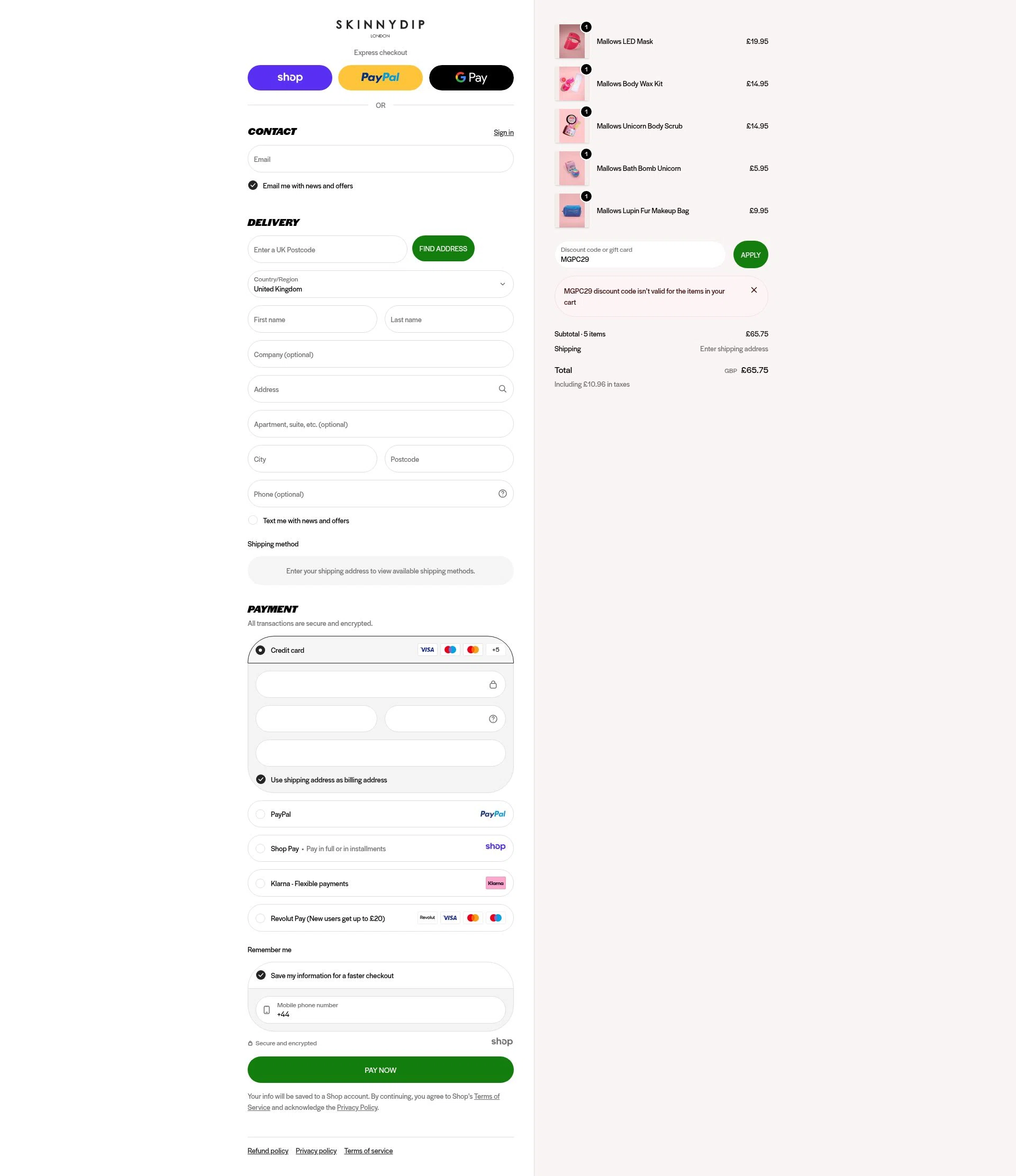Skinnydip London checkout page showing Skinnydip London discount code box | Screenshot taken by SimplyCodes community member on Dec 16, 2025