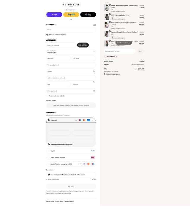 Skinnydip London checkout page showing Skinnydip London discount code box | Screenshot taken by SimplyCodes community member on Sep 8, 2025
