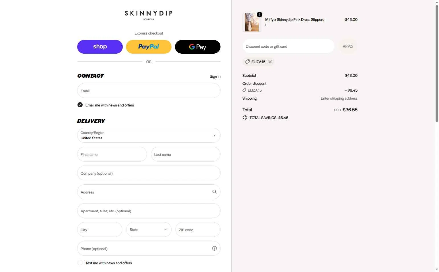 Skinnydip London checkout page showing Skinnydip London discount code box | Screenshot taken by SimplyCodes community member on Jan 9, 2026