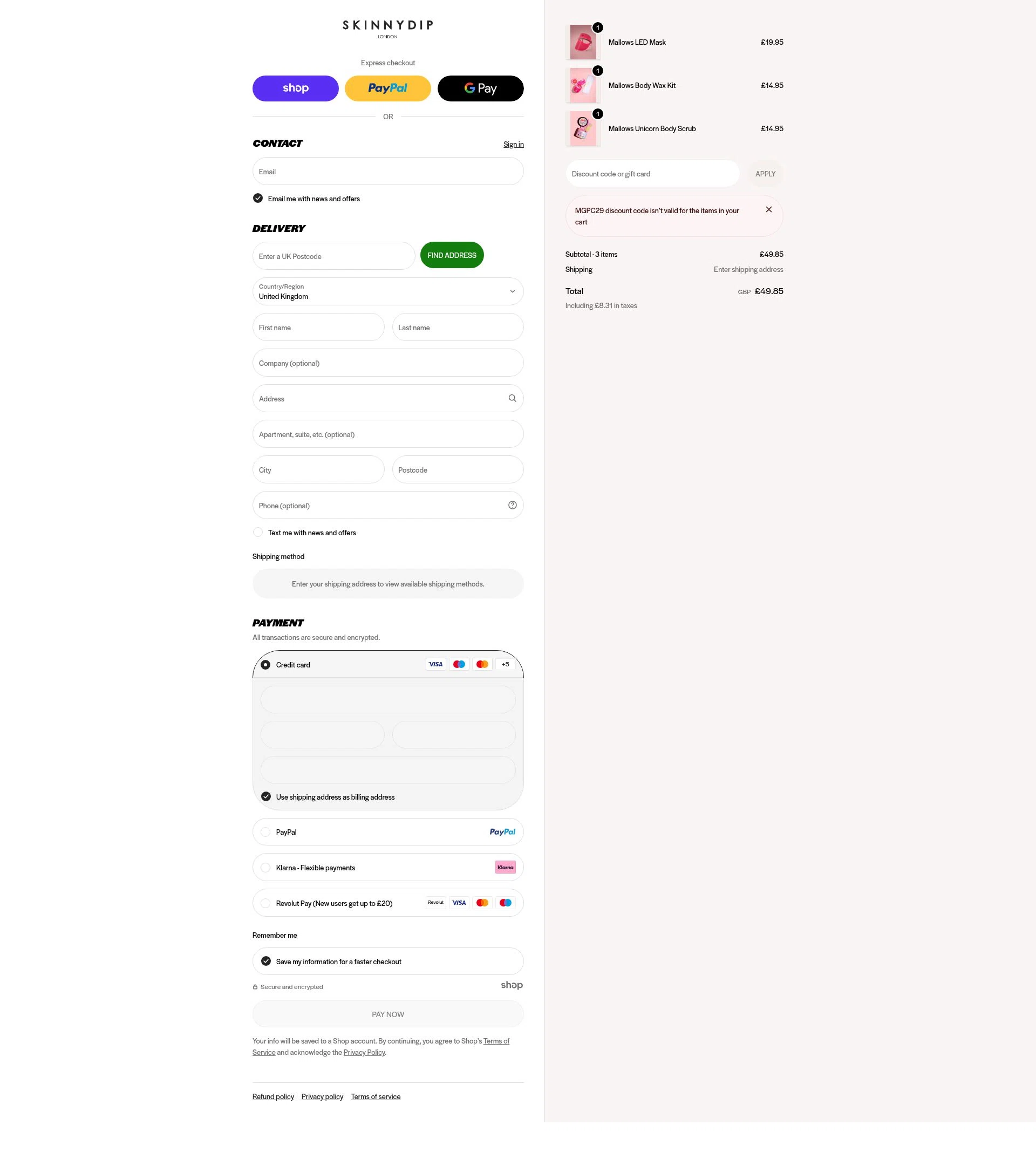 Skinnydip London checkout page showing Skinnydip London discount code box | Screenshot taken by SimplyCodes community member on Jan 7, 2026