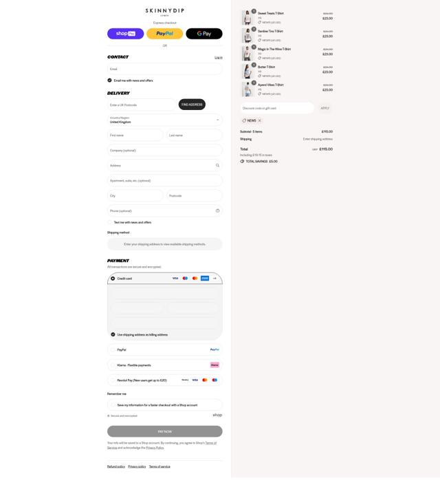 Skinnydip London checkout page showing Skinnydip London discount code box | Screenshot taken by SimplyCodes community member on Aug 26, 2025