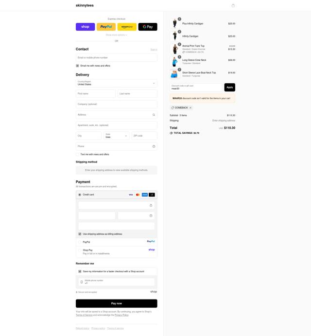 Skinny Tees checkout page showing Skinny Tees promo code box | Screenshot taken by SimplyCodes community member on Sep 10, 2025