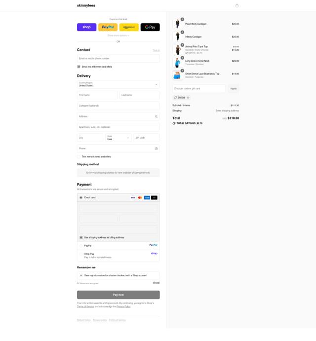 Skinny Tees checkout page showing Skinny Tees promo code box | Screenshot taken by SimplyCodes community member on Sep 10, 2025