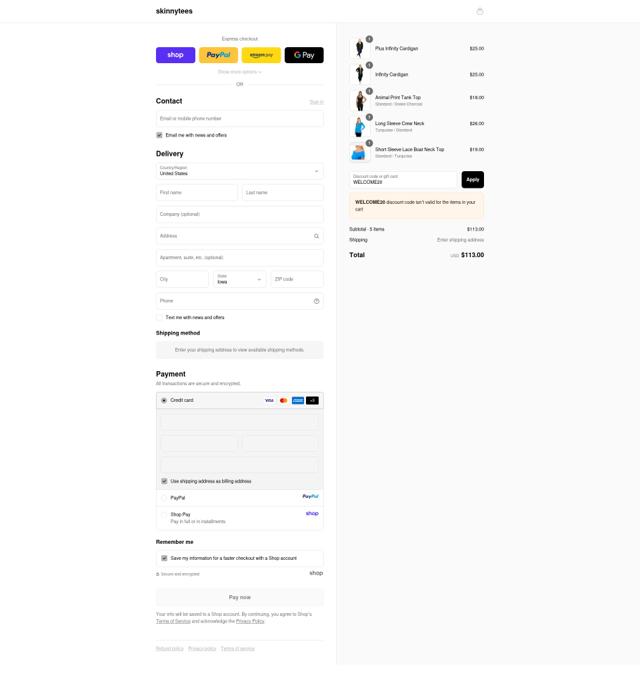 Skinny Tees checkout page showing Skinny Tees promo code box | Screenshot taken by SimplyCodes community member on Sep 14, 2025