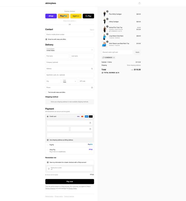Skinny Tees checkout page showing Skinny Tees promo code box | Screenshot taken by SimplyCodes community member on Sep 14, 2025