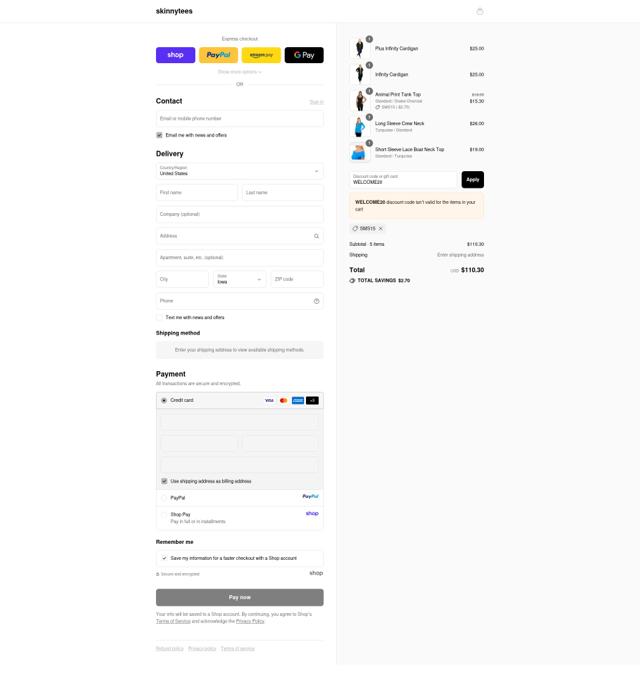 Skinny Tees checkout page showing Skinny Tees promo code box | Screenshot taken by SimplyCodes community member on Sep 10, 2025