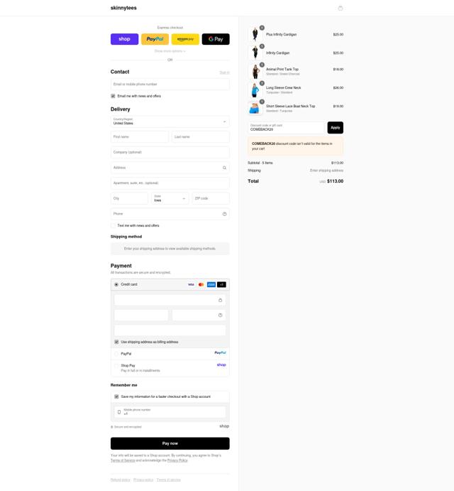 Skinny Tees checkout page showing Skinny Tees promo code box | Screenshot taken by SimplyCodes community member on Sep 14, 2025