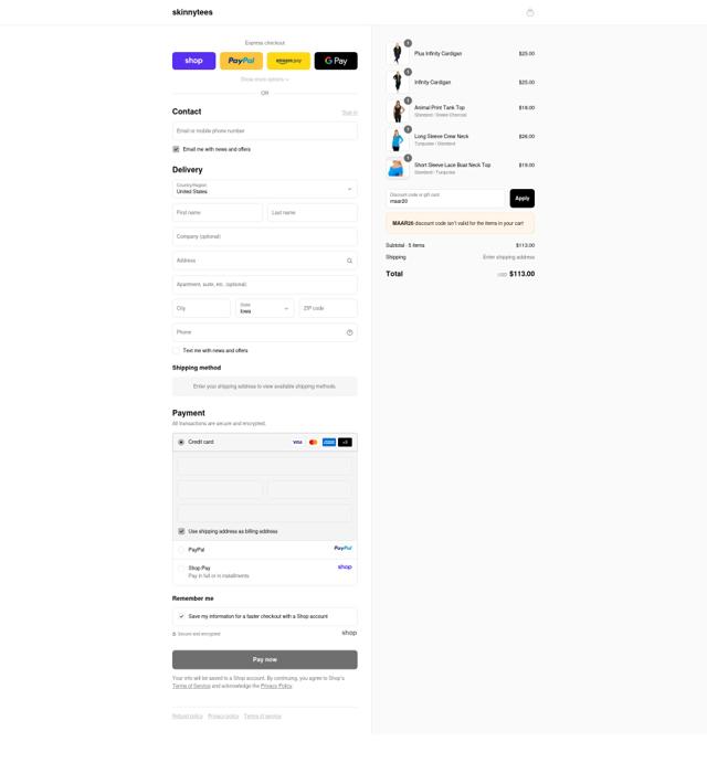 Skinny Tees checkout page showing Skinny Tees promo code box | Screenshot taken by SimplyCodes community member on Sep 14, 2025