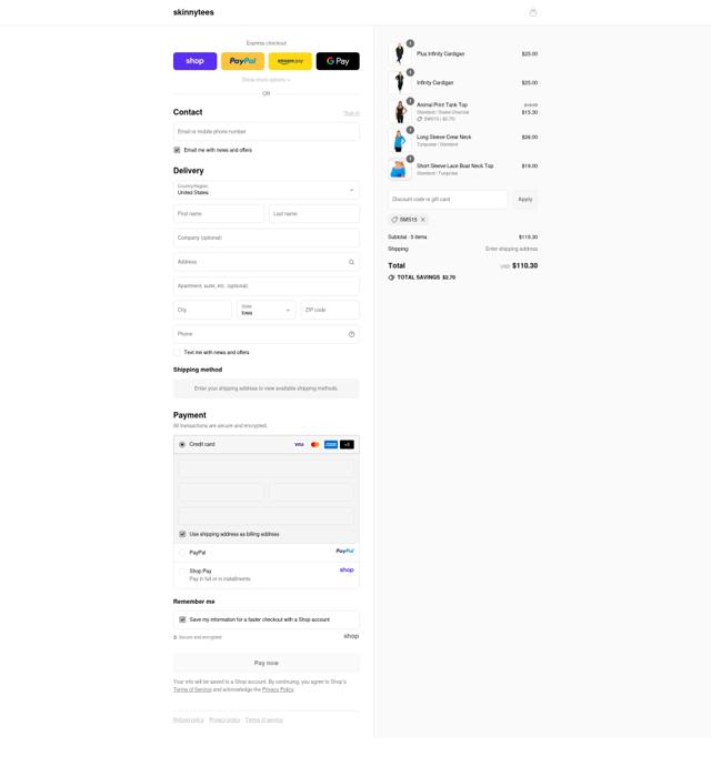 Skinny Tees checkout page showing Skinny Tees promo code box | Screenshot taken by SimplyCodes community member on Sep 14, 2025