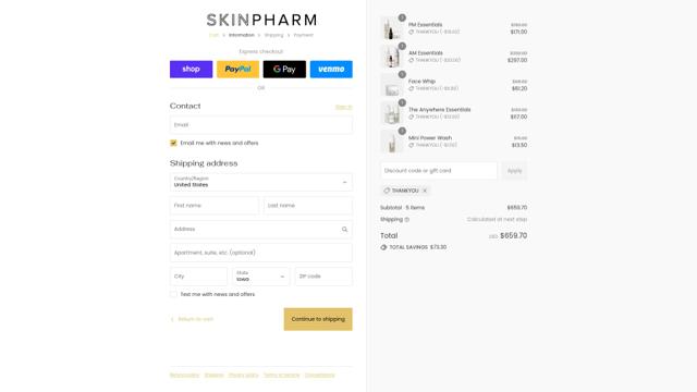 Skin Pharm checkout page showing Skin Pharm discount code box | Screenshot taken by SimplyCodes community member on Sep 12, 2025