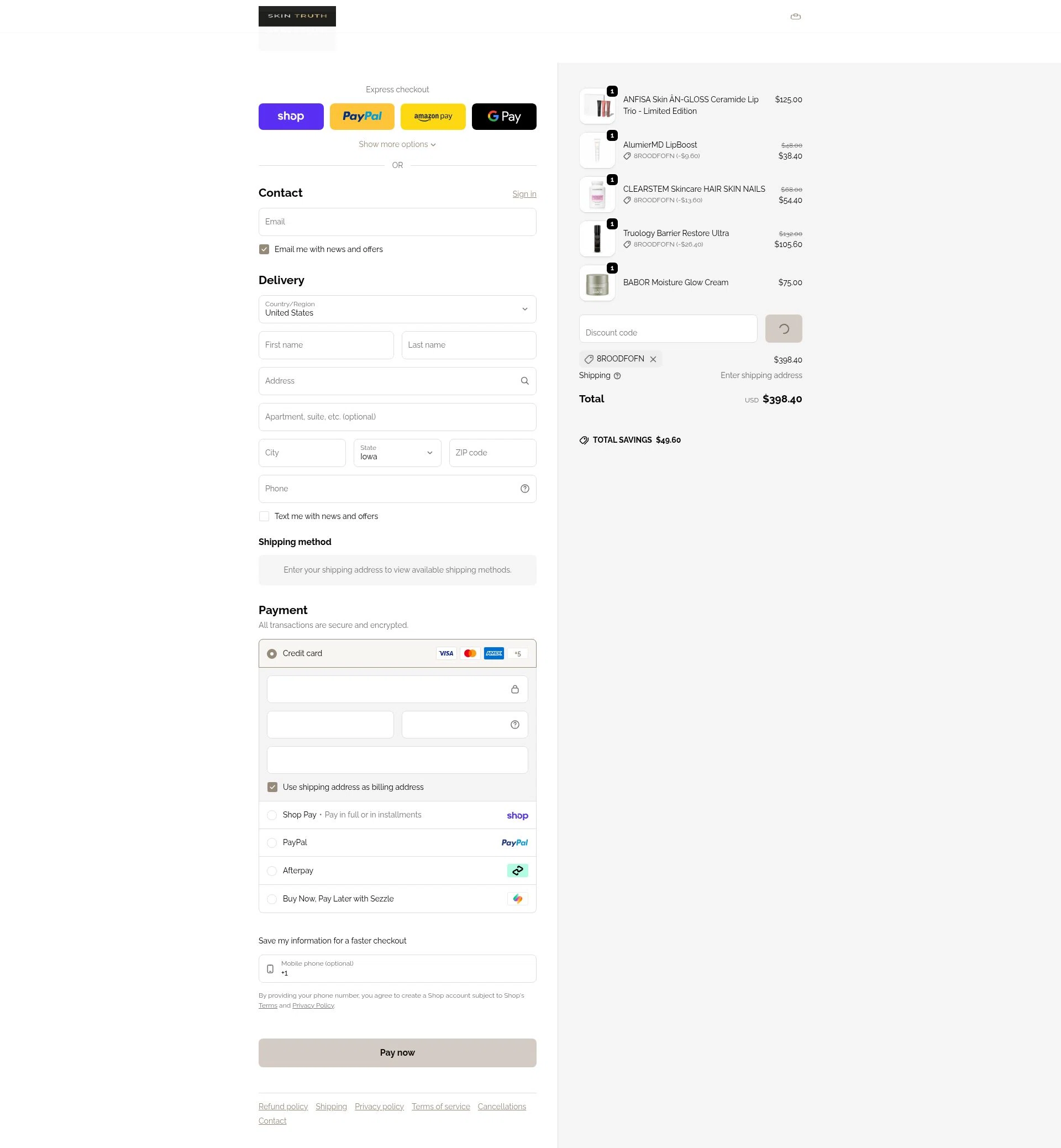 Skin Truth checkout page showing Skin Truth coupon code box | Screenshot taken by SimplyCodes community member on Feb 14, 2026