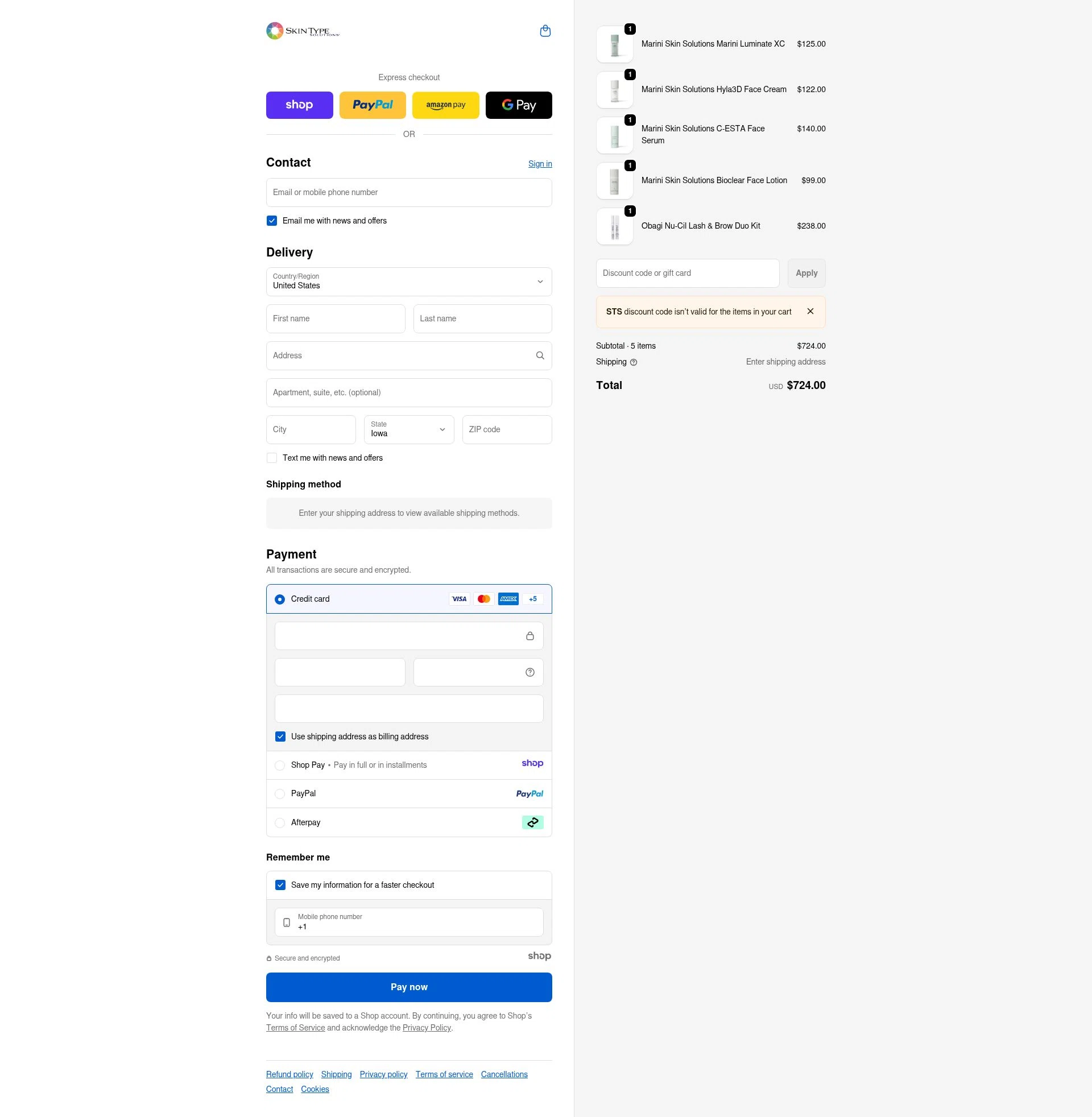 Skin Type Solutions checkout page showing Skin Type Solutions coupon code box | Screenshot taken by SimplyCodes community member on Dec 28, 2025