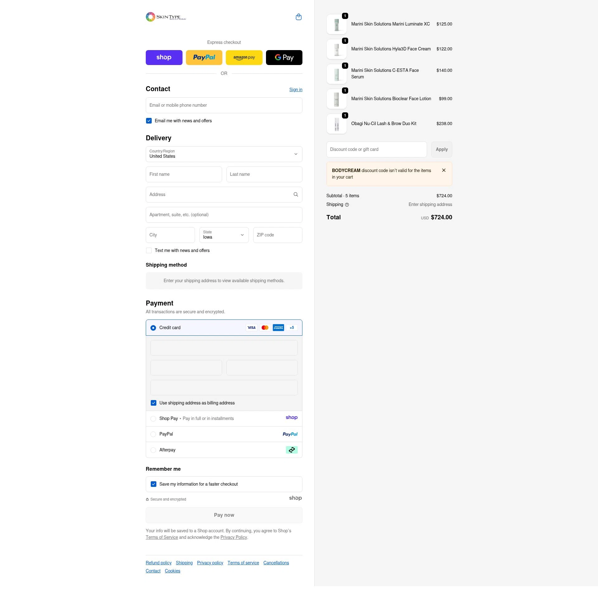 Skin Type Solutions checkout page showing Skin Type Solutions coupon code box | Screenshot taken by SimplyCodes community member on Dec 28, 2025