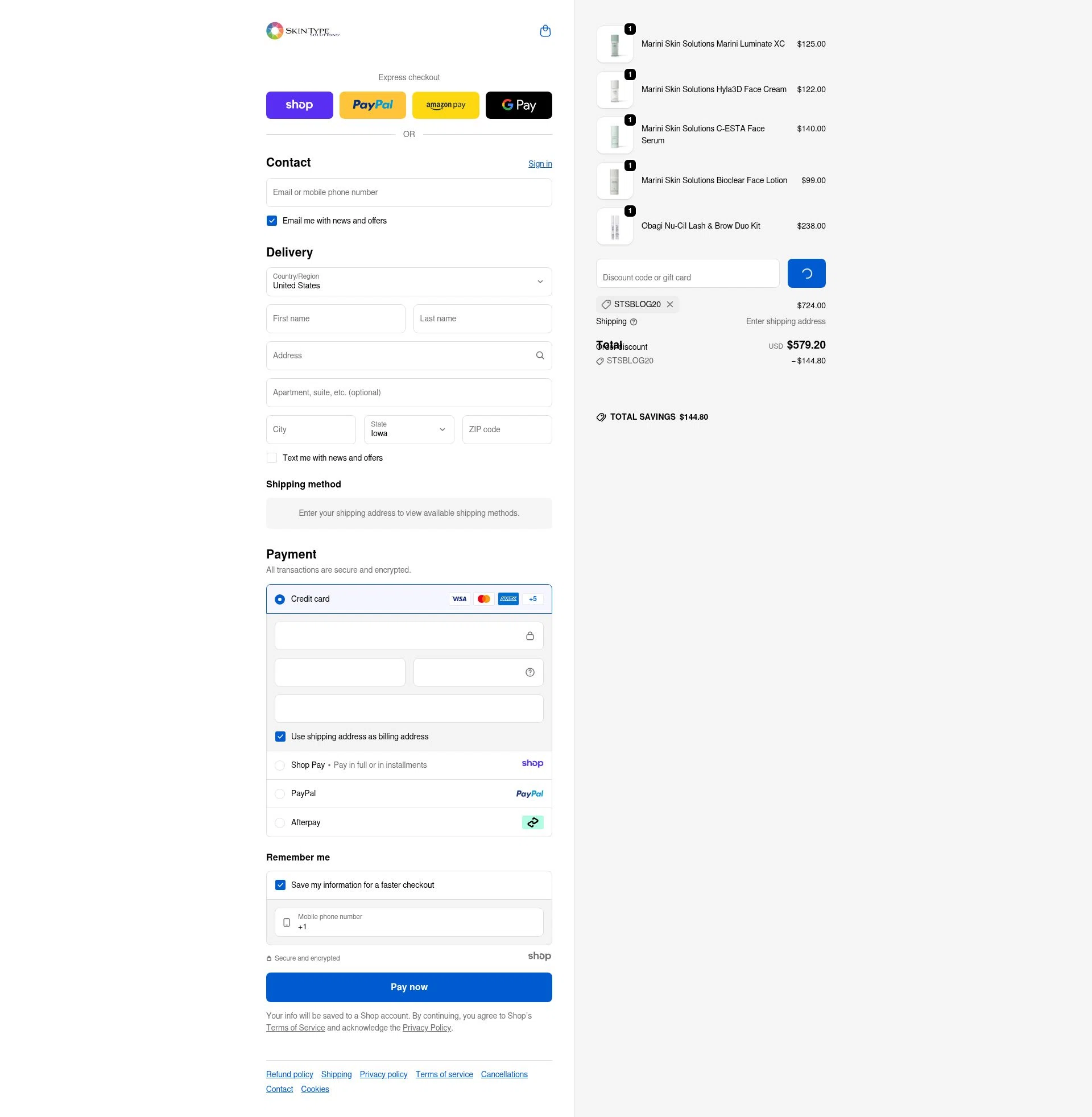 Skin Type Solutions checkout page showing Skin Type Solutions coupon code box | Screenshot taken by SimplyCodes community member on Dec 24, 2025